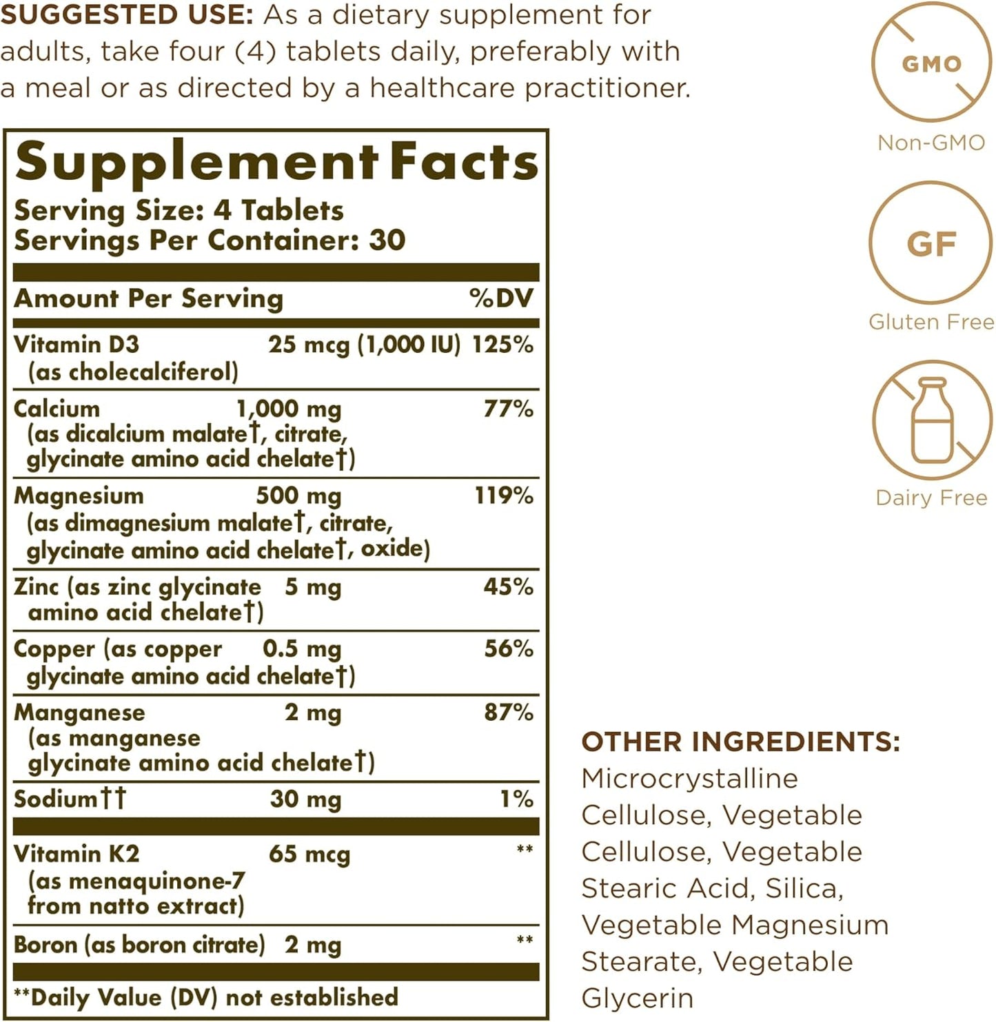 Pack of 3 Solgar Advanced Calcium Complex Tablets with Zinc, Boron, Vitamins D3 & K2 - Non-GMO, Gluten Free, Dairy Free - 90 Servings