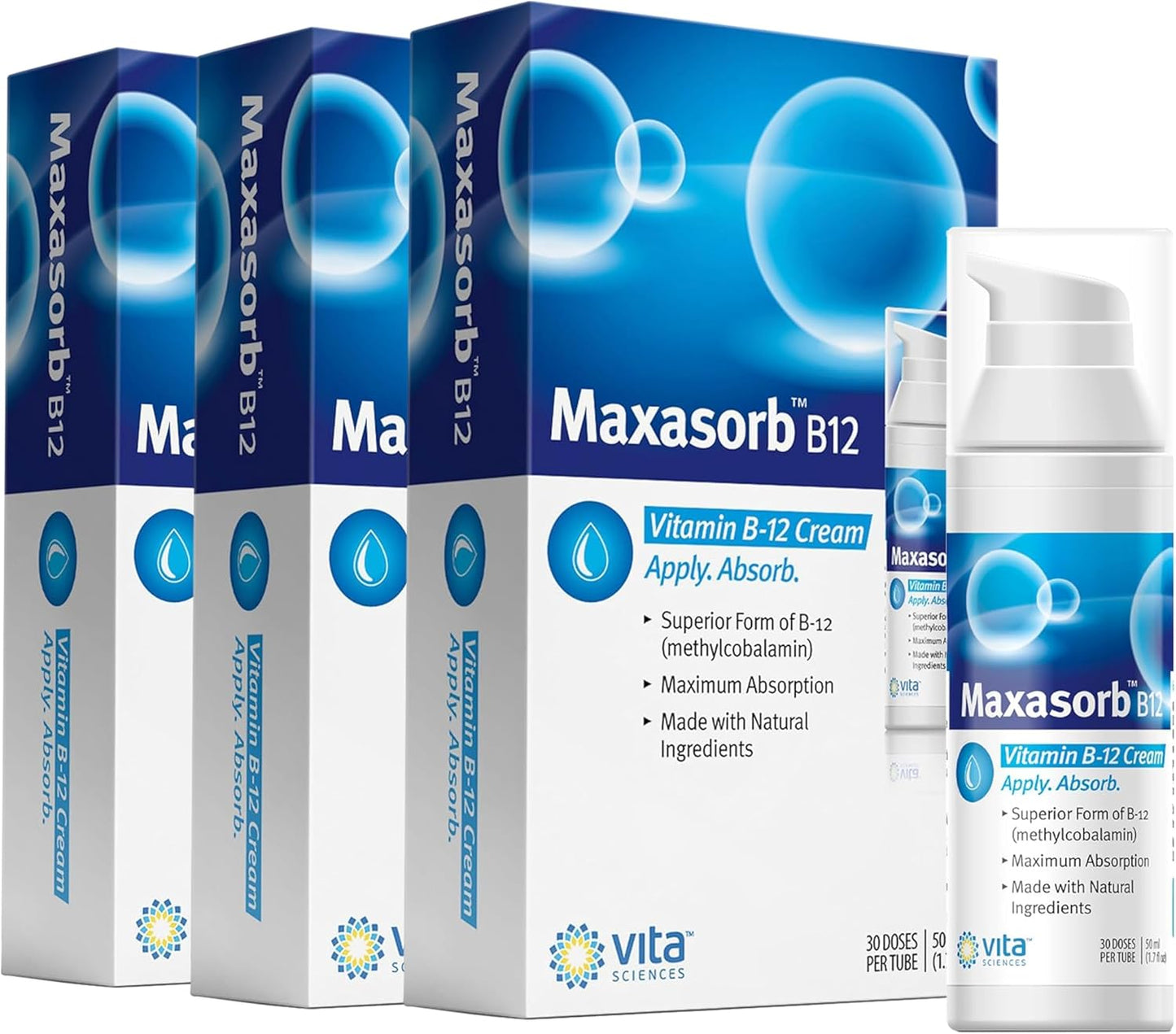 Pack of 3 Vita Sciences Maxasorb B12 Vitamin B-12 Cream 1000 mcg: Topical Methylcobalamin for Energy, Health, & Skin