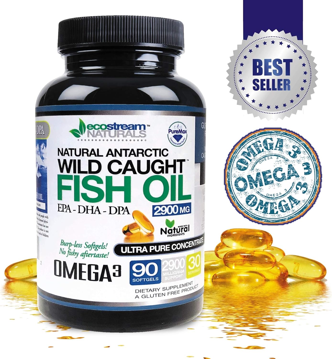 Pack of 3 Wild Caught Omega 3 2,900 Milligrams from ecostream Naturals