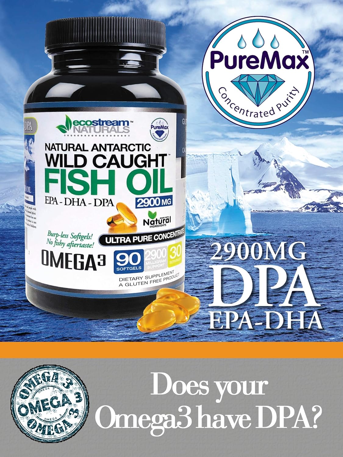 Pack of 3 Wild Caught Omega 3 2,900 Milligrams from ecostream Naturals