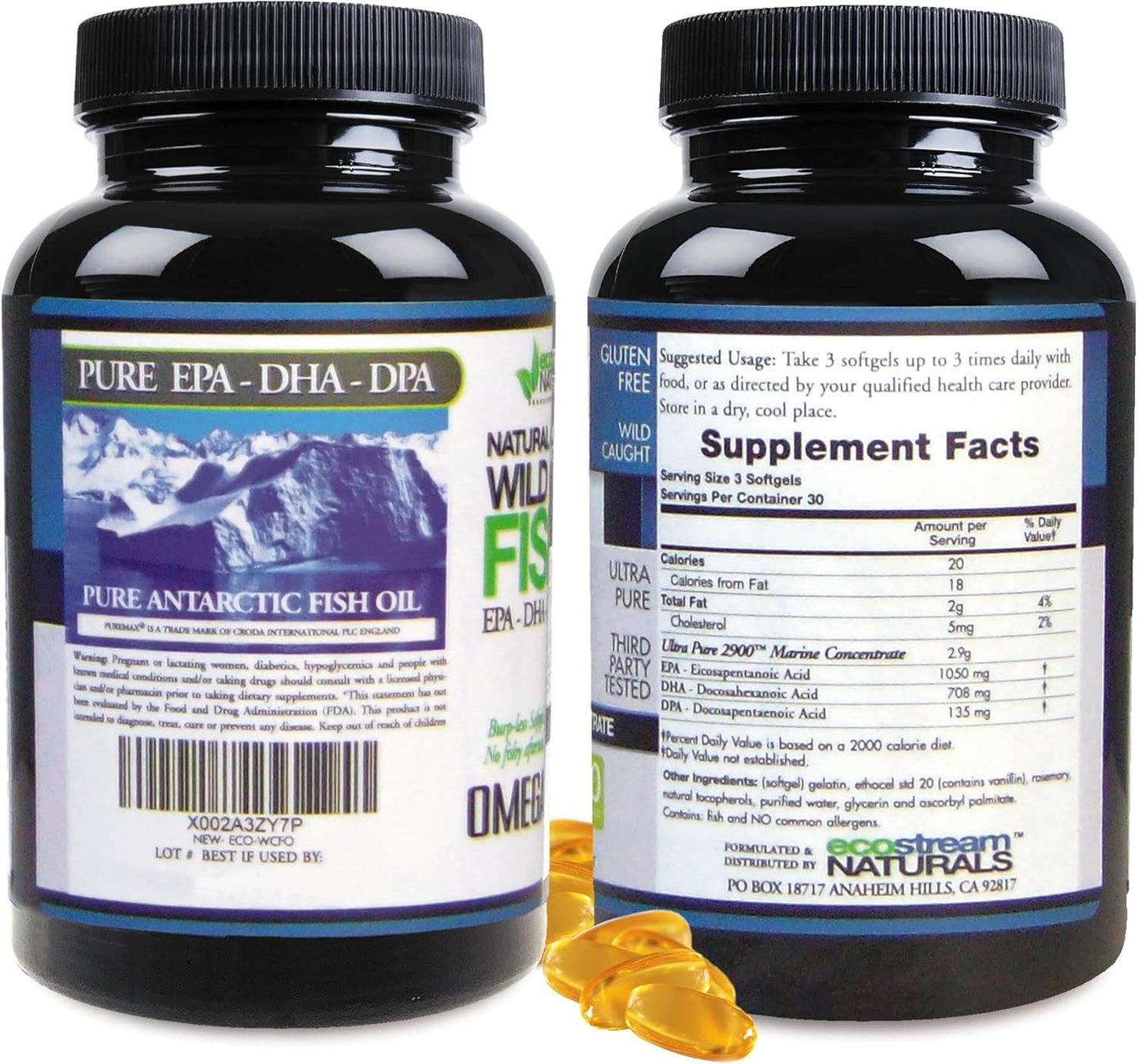 Pack of 3 Wild Caught Omega 3 2,900 Milligrams from ecostream Naturals
