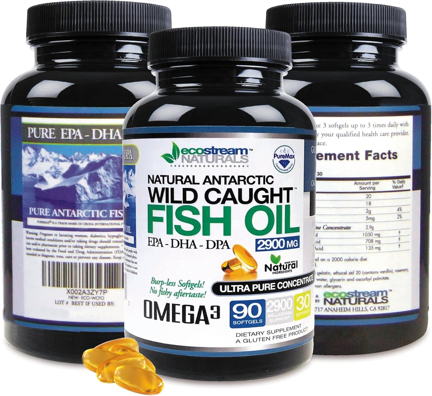 Pack of 3 Wild Caught Omega 3 2,900 Milligrams from ecostream Naturals