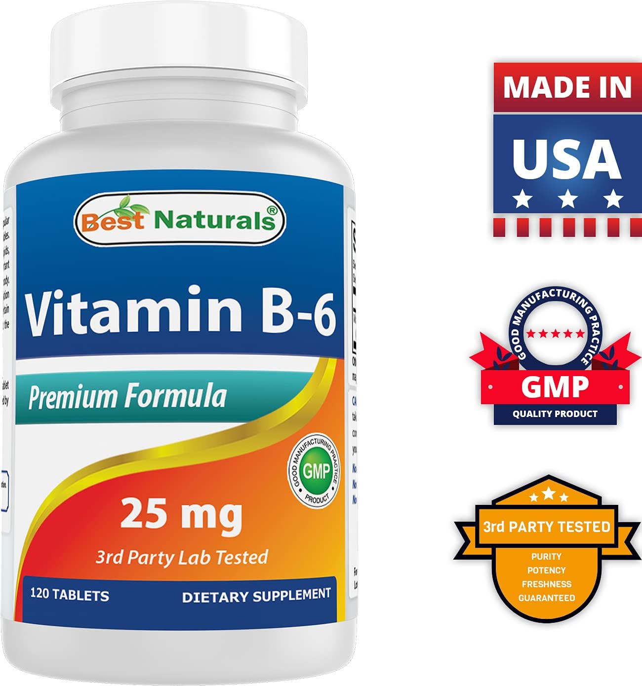 Pack of 360 Best Naturals Vitamin B6 25mg Tablets - High Potency B6 Supplement for Energy and Metabolism Support