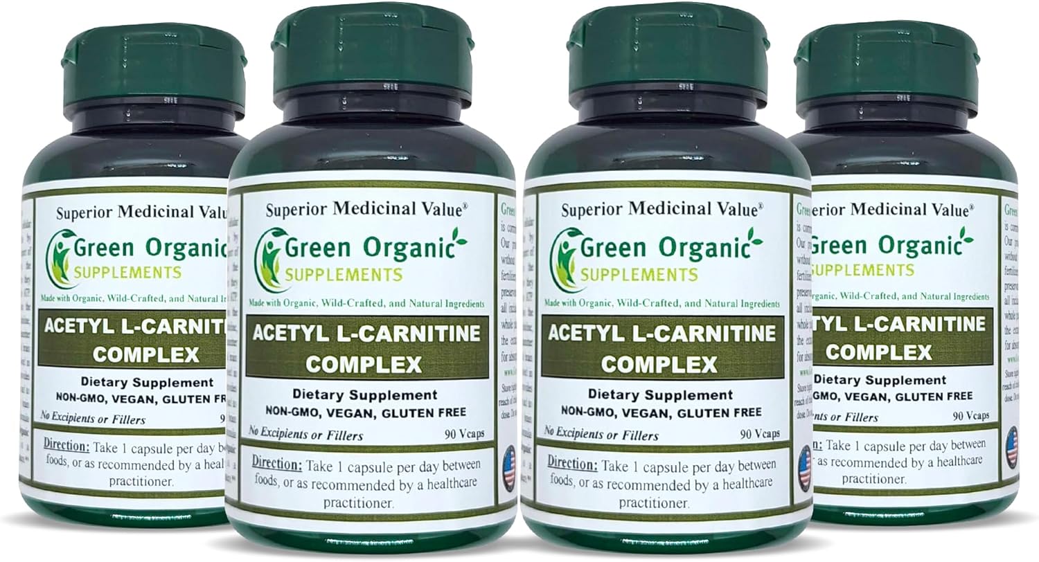 Pack of 4 Green Organic Supplements Acetyl L-Carnitine - High Absorbable, Non-GMO, Gluten-Free Formula