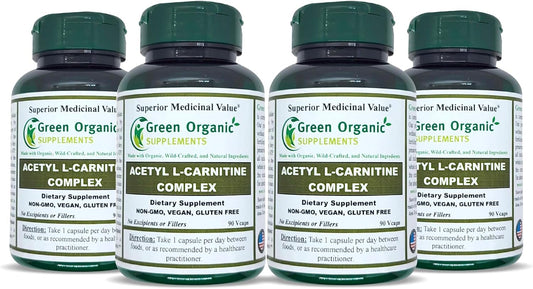 Pack of 4 Green Organic Supplements Acetyl L-Carnitine - High Absorbable, Non-GMO, Gluten-Free Formula