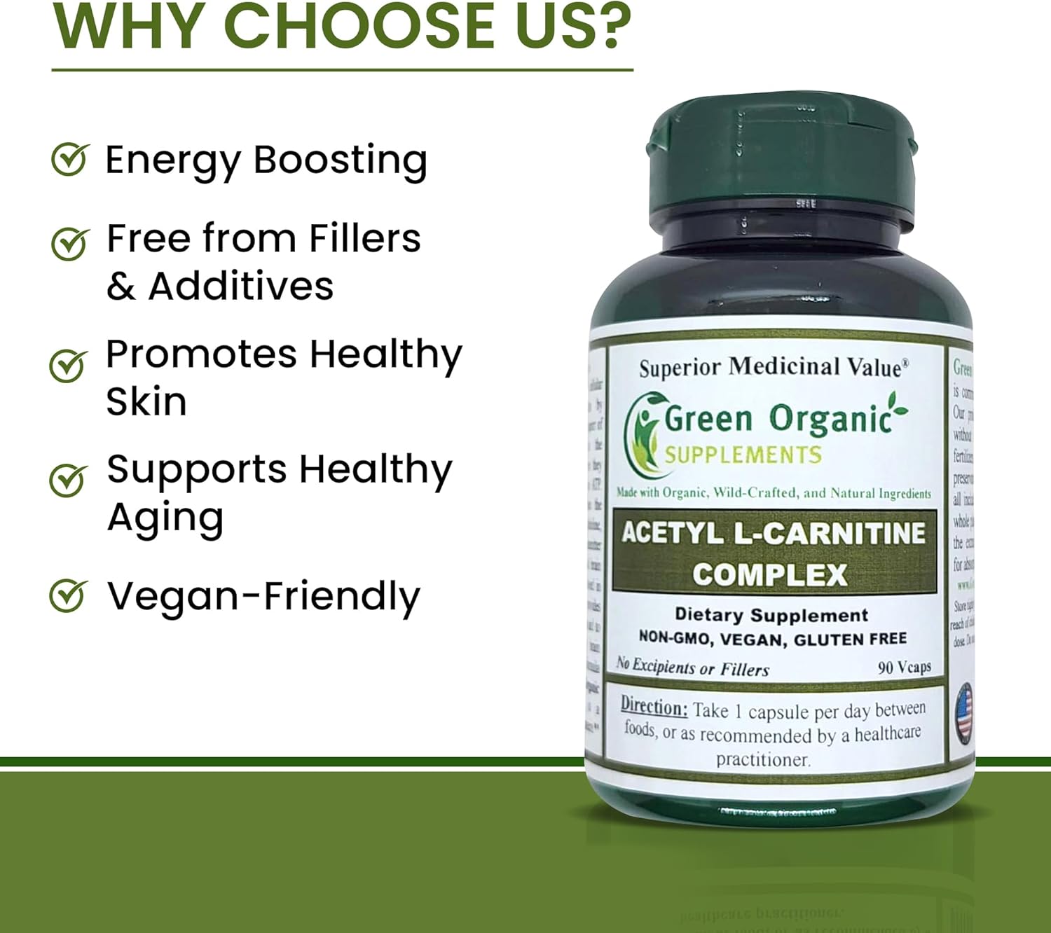 Pack of 4 Green Organic Supplements Acetyl L-Carnitine - High Absorbable, Non-GMO, Gluten-Free Formula
