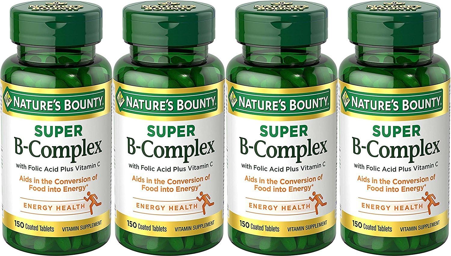 Pack of 4 Nature's Bounty B-Complex with Folic Acid Plus Vitamin C Tablets 150 Each for Immune Support
