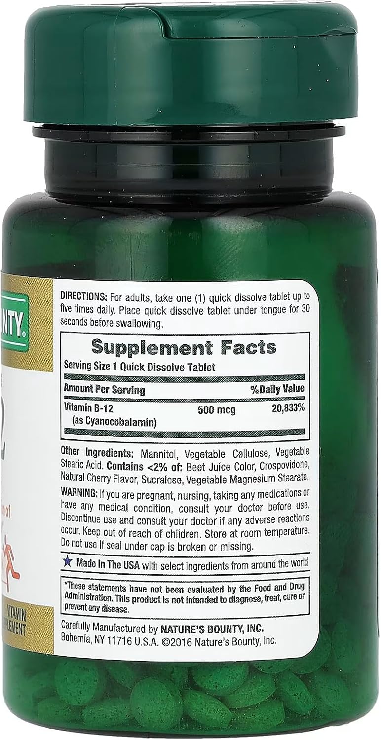 Pack of 4 Nature's Bounty Vitamin B-12 500 mcg, 100 Tablets