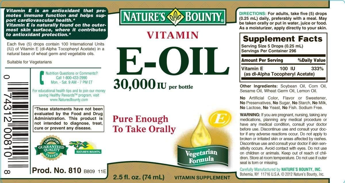 Pack of 4 Nature's Bounty Vitamin E Oil 2.50 oz - Skin Care Antioxidant Supplement