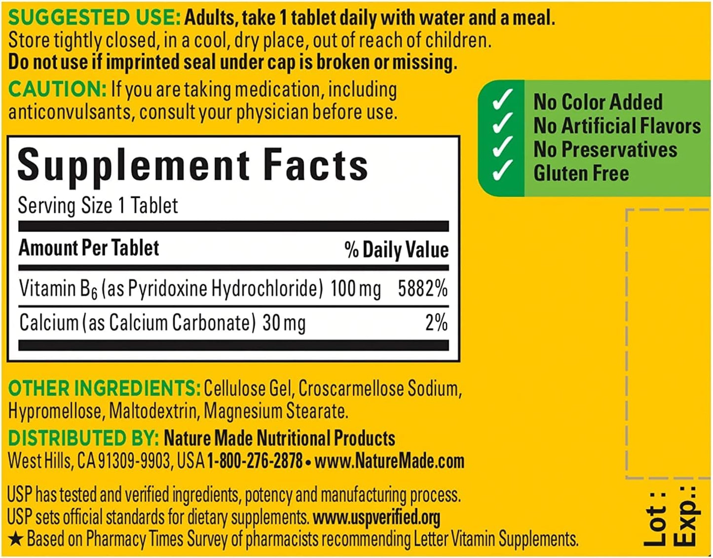 Pack of 400 Nature Made Vitamin B-6 100 mg Tablets