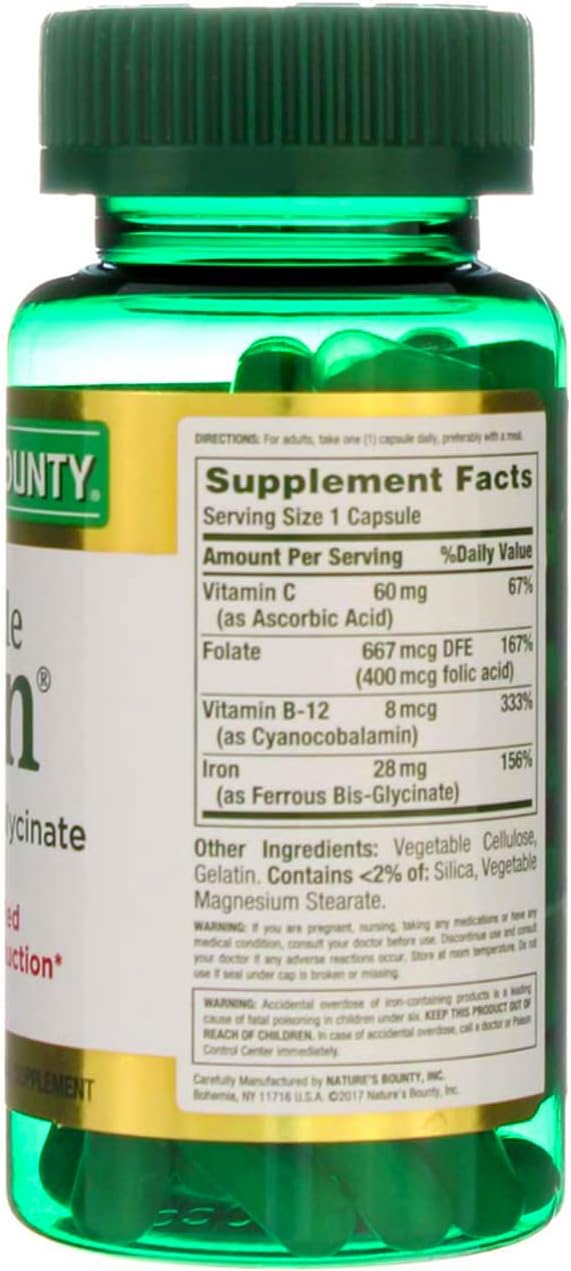 Pack of 5 Nature's Bounty Gentle Iron 28 mg Capsules - 90 Count