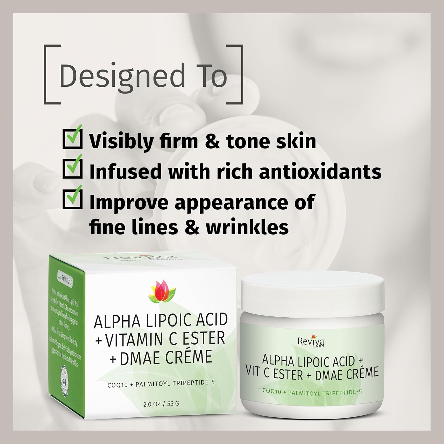 Pack of 5 Reviva Labs DMAE Cream with Alpha Lipoic Acid, Vitamin C Ester for Neck and Face - Skin Firming and Moisturizing Cream