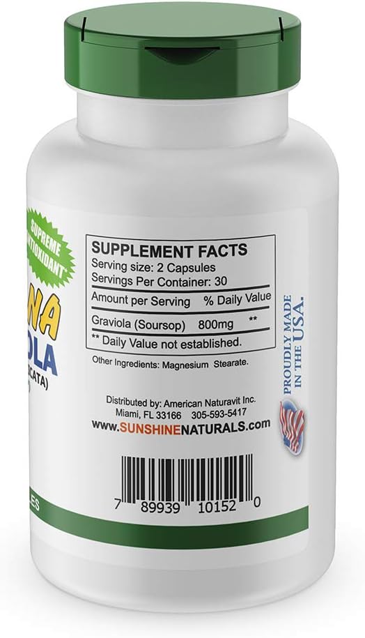 Pack of 5 Sunshine Naturals Graviola Supplement Capsules for Immune Support, Digestive Aid, and Antioxidant Defense