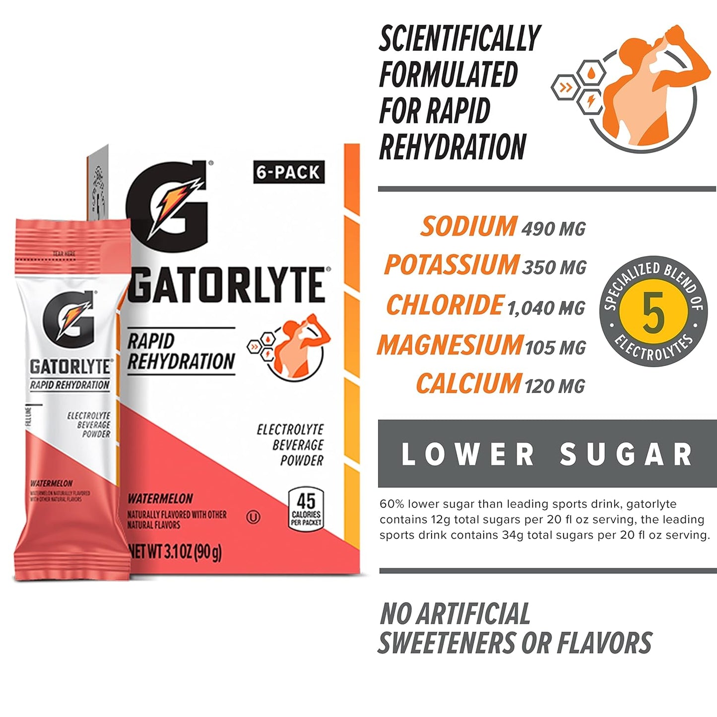 Pack of 6 Gatorlyte Powder Watermelon 16.9oz - Hydration Drink Mix for Athletes