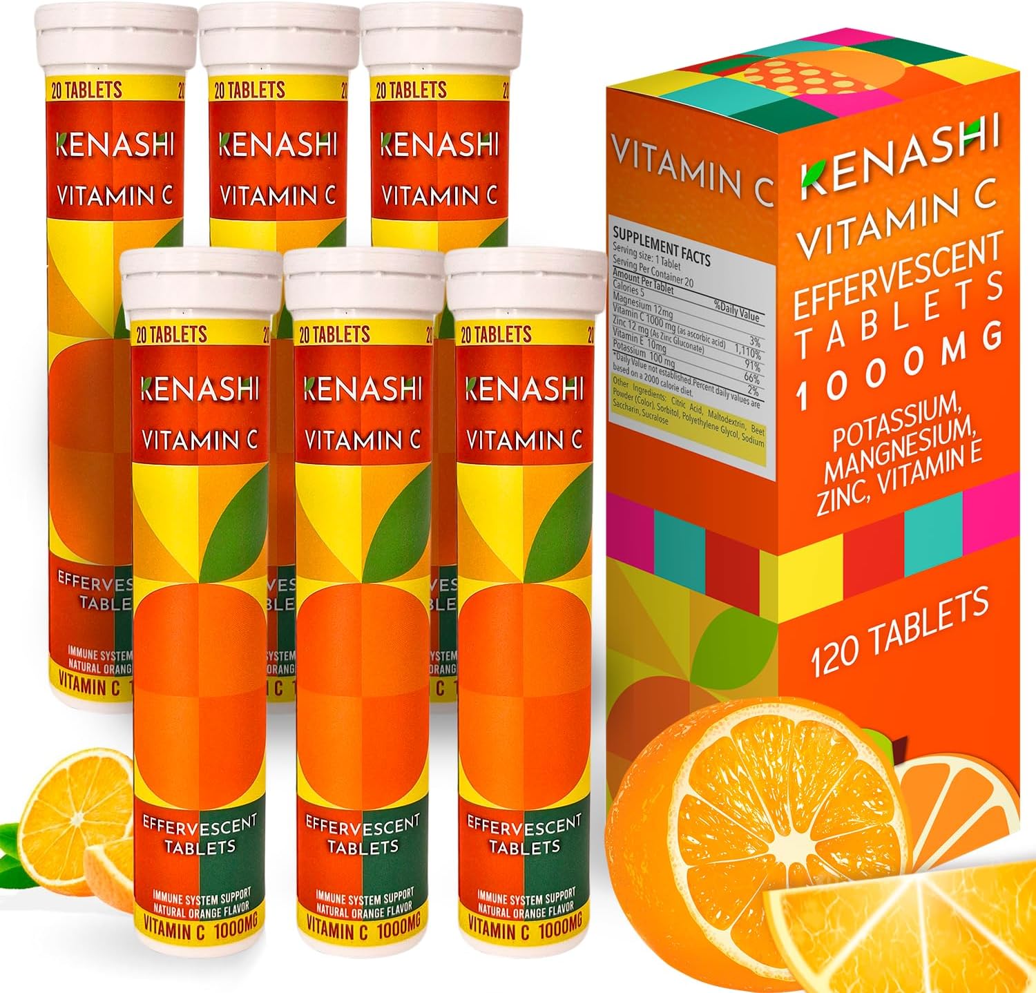 Pack of 6 Kenashi Vitamin C Effervescent Tablets 1000mg with Magnesium, Zinc, Vitamin E, and Potassium - 120 Tablets Total