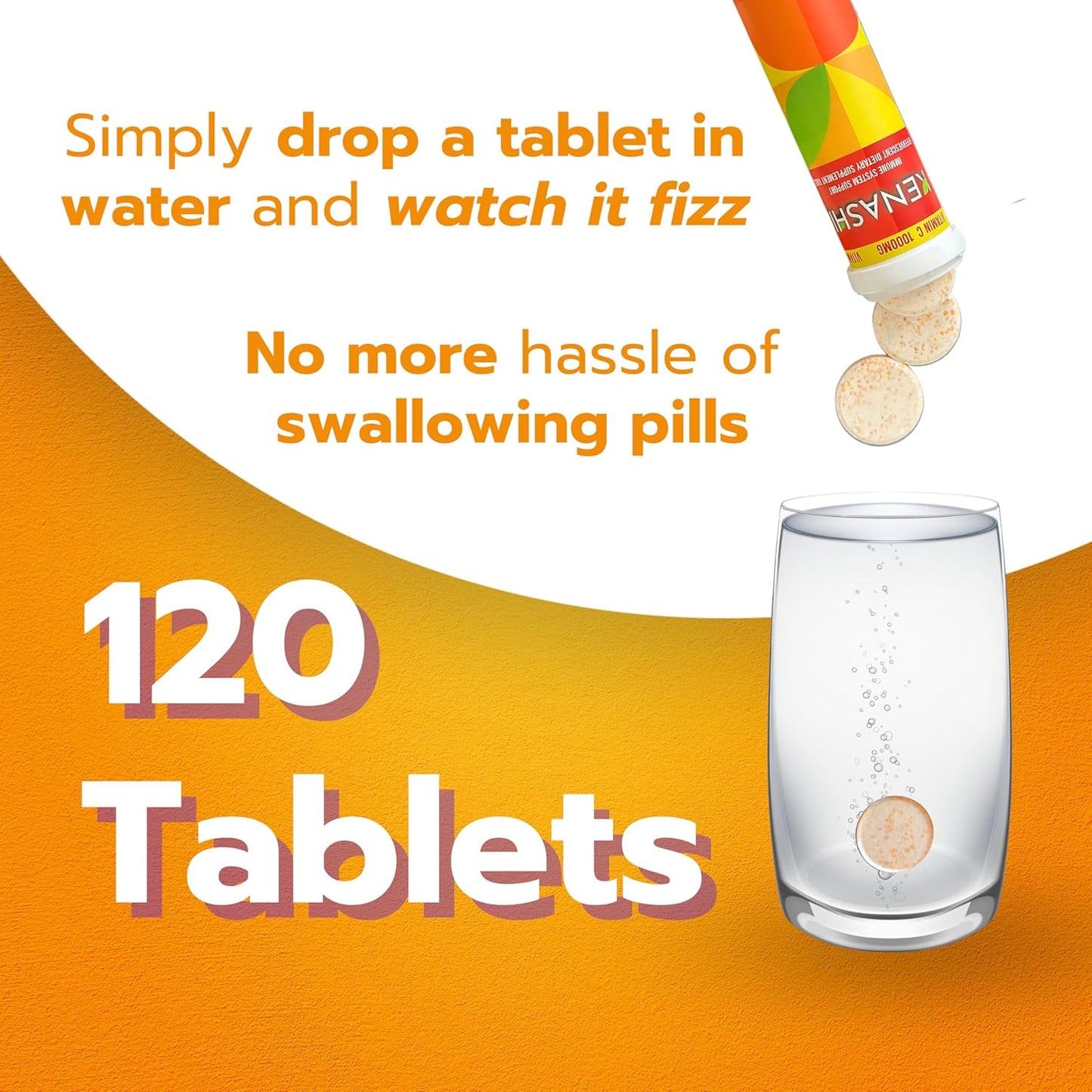 Pack of 6 Kenashi Vitamin C Effervescent Tablets 1000mg with Magnesium, Zinc, Vitamin E, and Potassium - 120 Tablets Total
