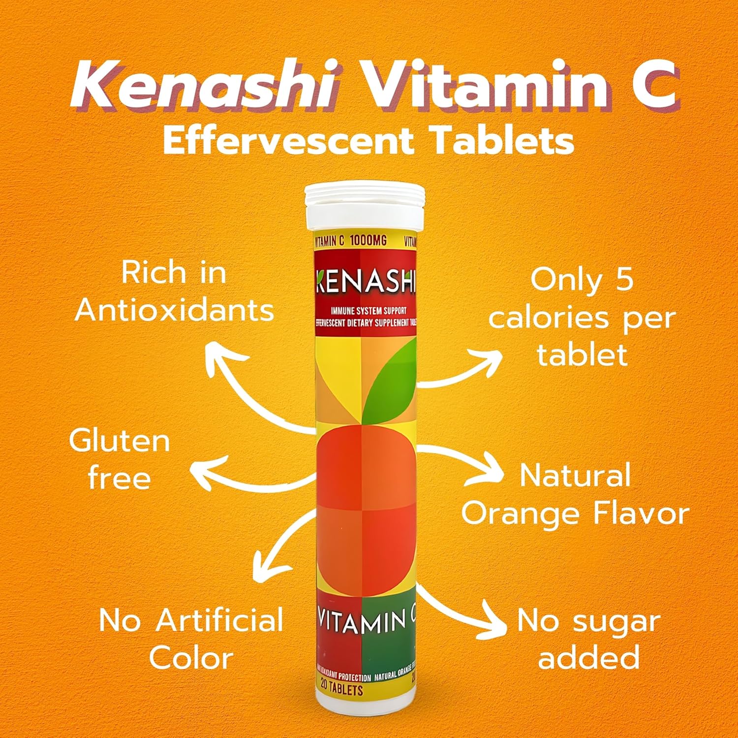 Pack of 6 Kenashi Vitamin C Effervescent Tablets 1000mg with Magnesium, Zinc, Vitamin E, and Potassium - 120 Tablets Total