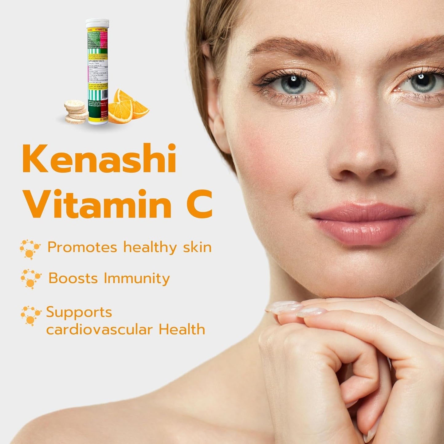 Pack of 6 Kenashi Vitamin C Effervescent Tablets 1000mg with Magnesium, Zinc, Vitamin E, and Potassium - 120 Tablets Total