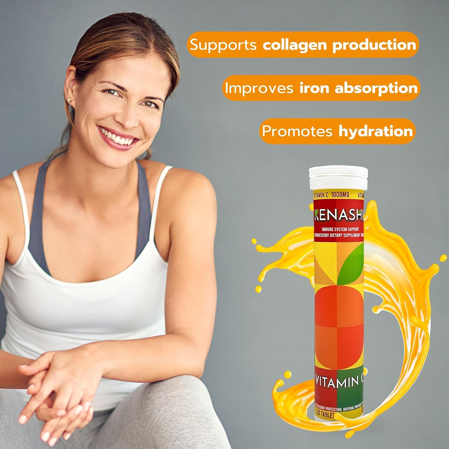 Pack of 6 Kenashi Vitamin C Effervescent Tablets 1000mg with Magnesium, Zinc, Vitamin E, and Potassium - 120 Tablets Total