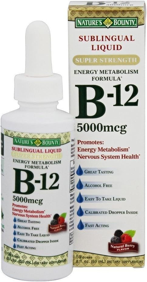 Pack of 9 Nature's Bounty B-12 5000 mcg Sublingual Liquid Energy Health Supplement, 2 oz Bottle