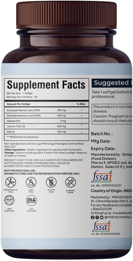 Palak Notes Miduty Omega 3 Krill & Salmon Oil Softgels with Astaxanthin - 60 Pack