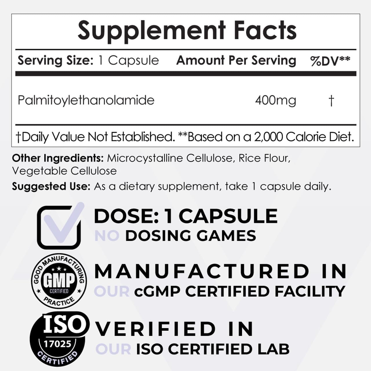 Palmitoylethanolamide Capsules 400mg | 60 Count | Pain Management Support | Anti-Inflammatory | Nootropics Depot