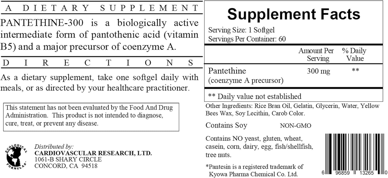 Pantethine 300mg Softgels (Pantesin) - 2 Pack - Ecological Formulas/Cardiovascular Research - Heart Health Support