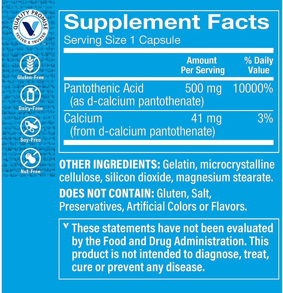 Pantothenic Acid 500MG with Vitamin B5 for Energy & Hair, Skin, Nails - 100 Capsules