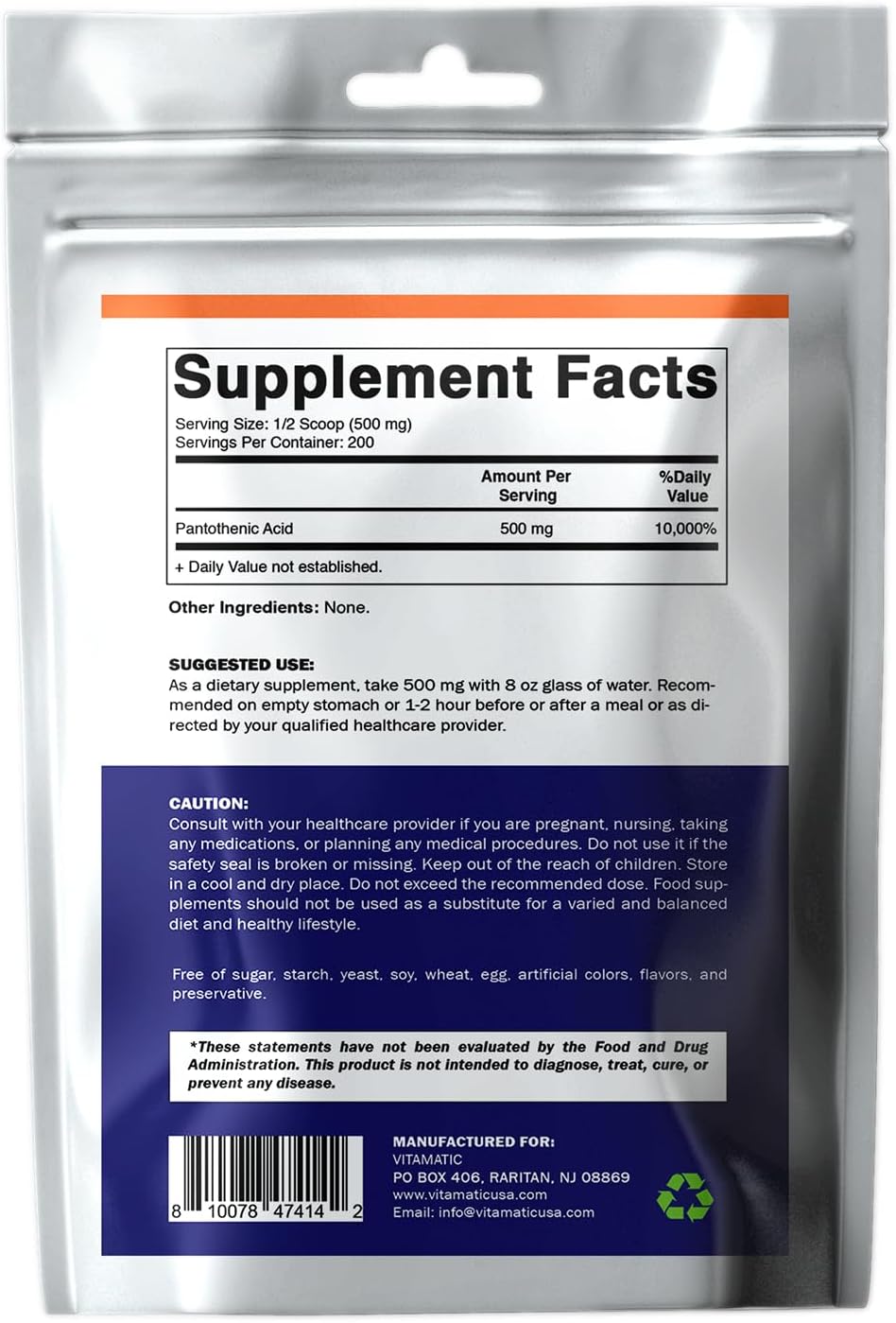 Pantothenic Acid Powder 500mg - 100g - Vitamin B5 Supplement for Energy & Metabolism - 200 Servings