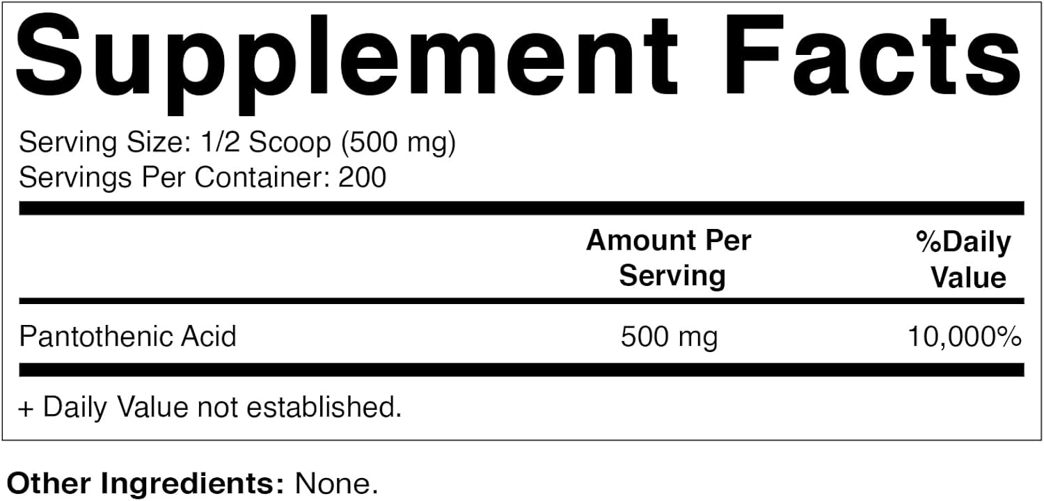 Pantothenic Acid Powder 500mg - 100g - Vitamin B5 Supplement for Energy & Metabolism - 200 Servings