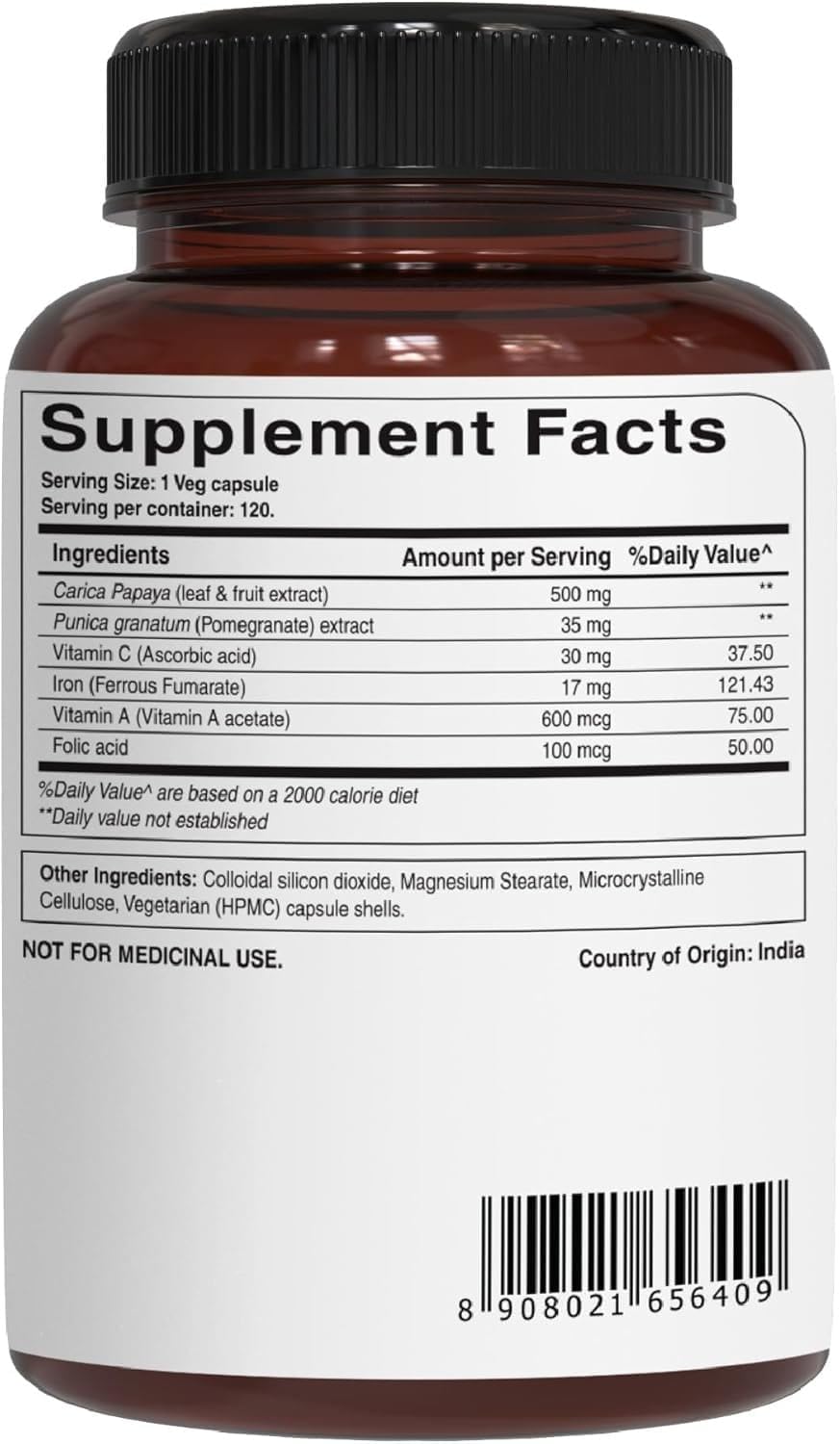 Papaya Complete Supplement - 120 Veg Capsules | Supports Platelet Immunity & Digestion | 500mg Papaya Extract per Capsule | 120 Day Supply