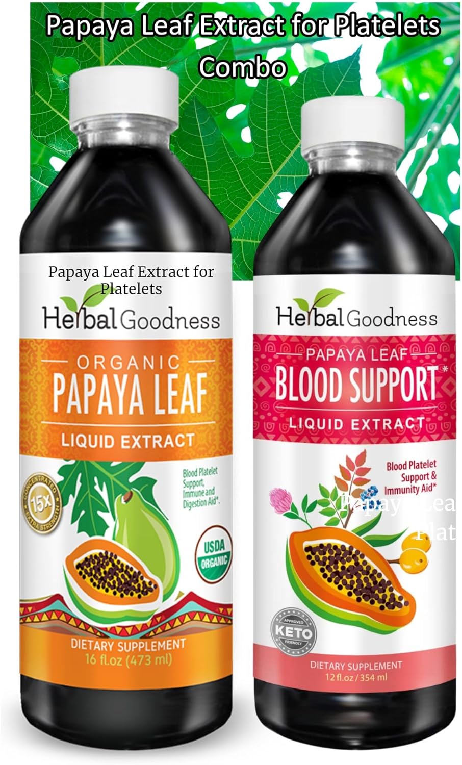 Papaya Leaf Extract Combo Pack - Digestive & Blood Support, 2 Units, 12oz & 16oz, Non GMO, Herbal Goodness