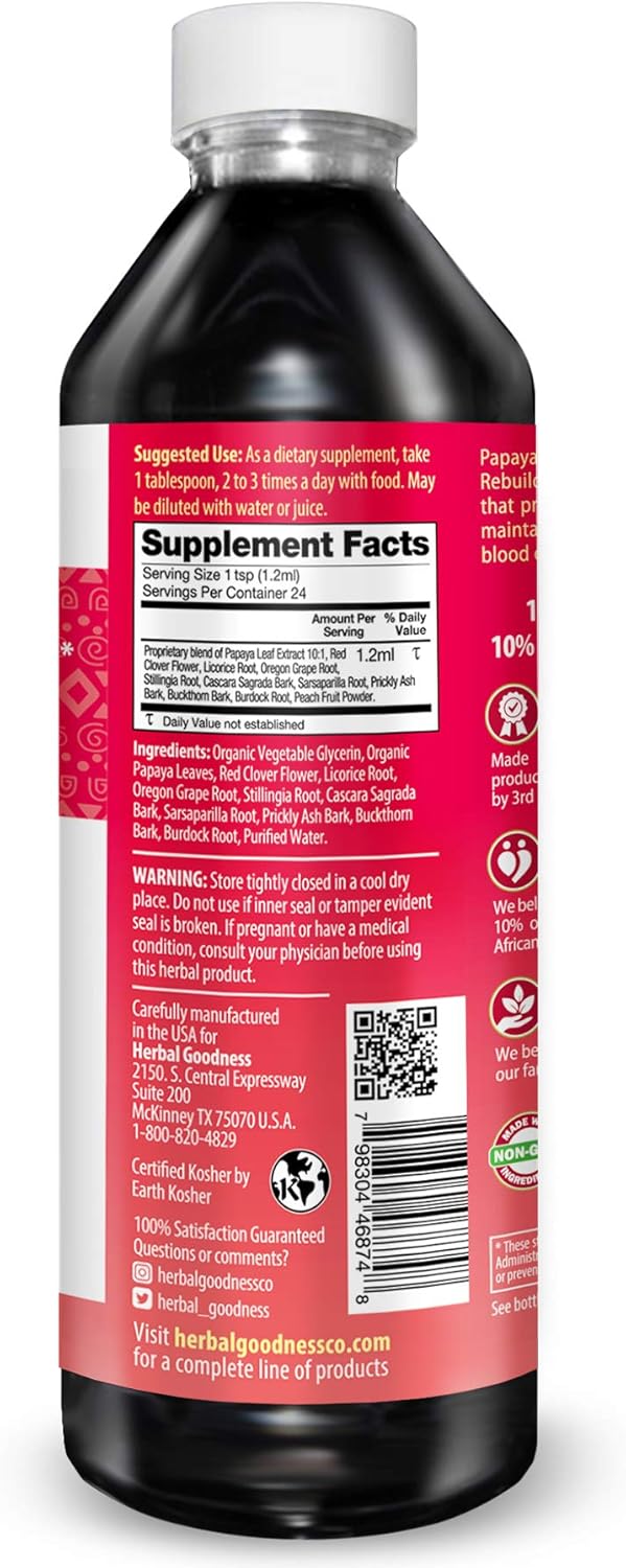 Papaya Leaf Extract Liquid - High Potency Blood Support Formula - Promotes Healthy Platelets, Digestion, and Blood Cleansing - 12oz - Herbal Goodness