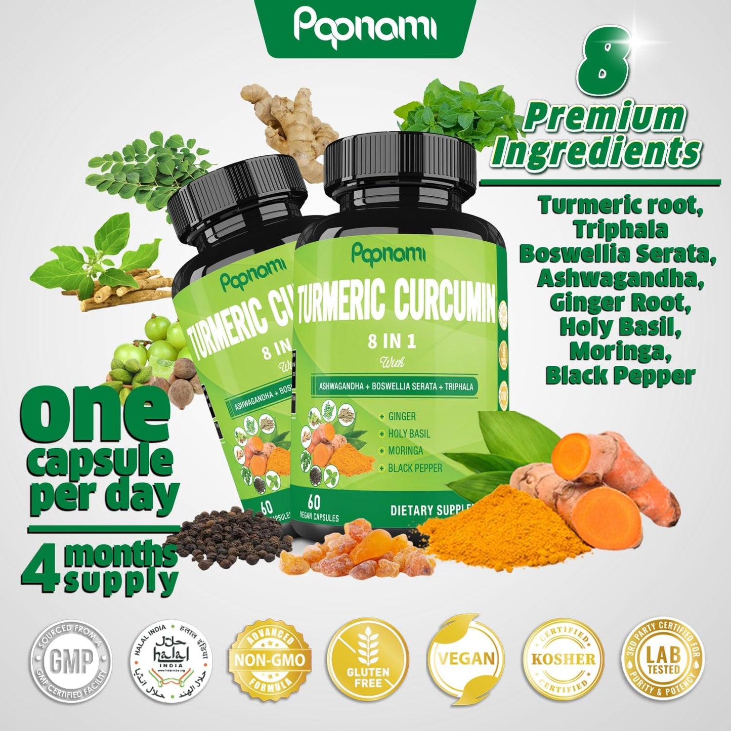 Papnami (2 Pack 60 Capsules) Turmeric Curcumin Supplement - 4 Month Supply for Immune, Joint, Digestive & Wellness - with Ashwagandha, Triphala, Moringa & More