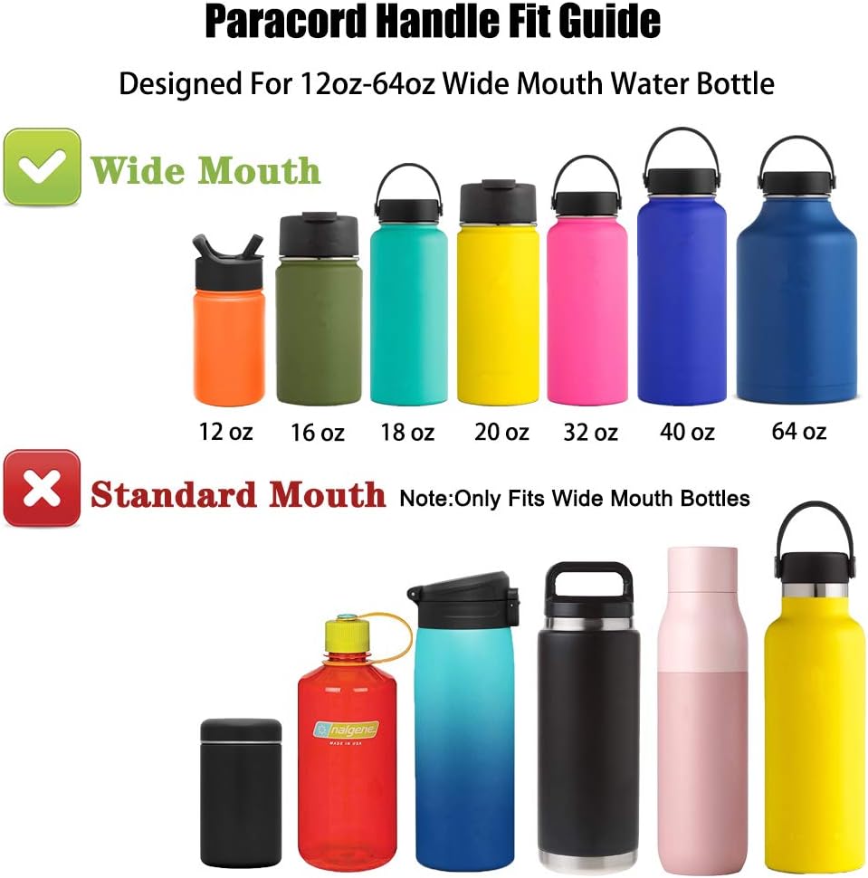 Paracord Handle for Wide Mouth Bottles 12oz-64oz - Durable Water Bottle Strap - Fits Various Sizes - Ideal Bottle Handle