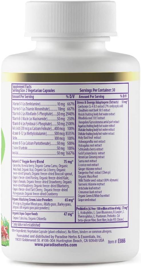 Paradise Herbs B-Complex with Methylated B Vitamins, Superfoods, Energy & Immunity Support - 60 Capsules