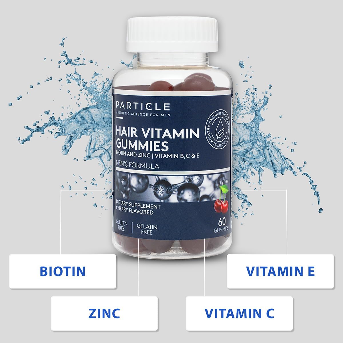 Particle Hair Growth Gummies with Biotin, Zinc, Vitamins A, C, E, B12 - 60 Count, 1 Month Supply for Thicker Hair & Growth