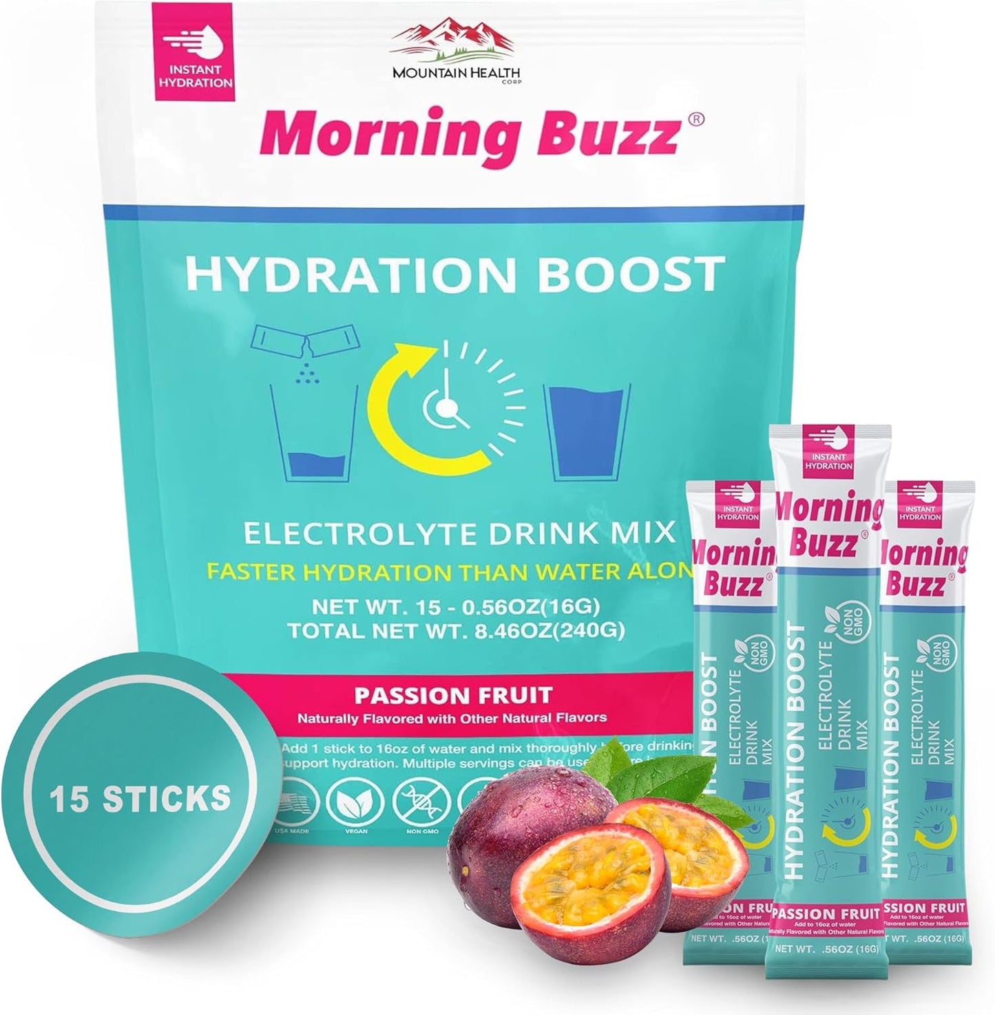 Passion Fruit Electrolyte Powder Drink Mix for Morning Hydration - 15 Convenient Single-Serving Sticks