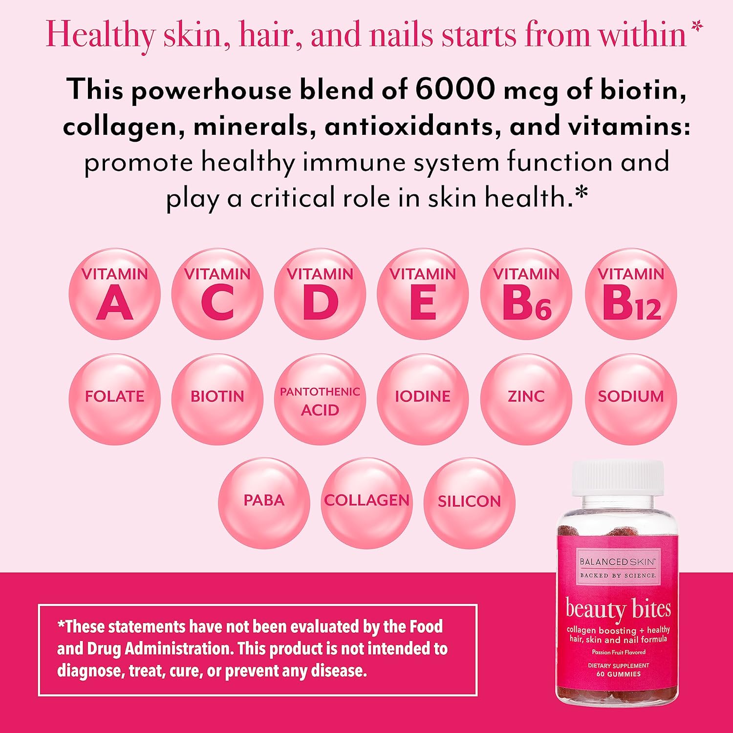 Passion Fruit Flavored Biotin Gummy Vitamins for Hair Growth and Healthy Skin - Collagen Infused Beauty Bites with 6000 mcg Biotin and Vitamins - Balanced Skin Supplement