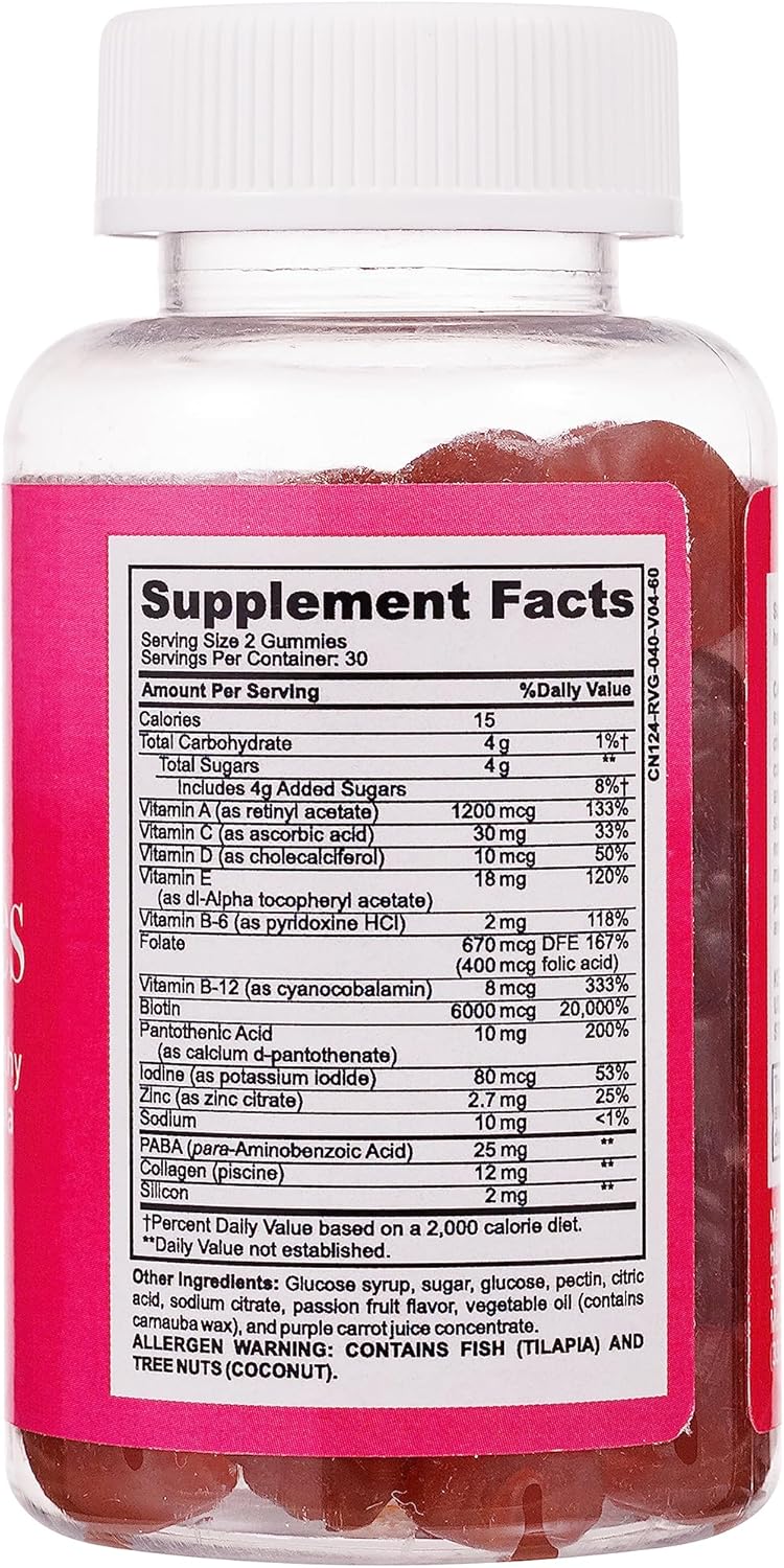 Passion Fruit Flavored Biotin Gummy Vitamins for Hair Growth and Healthy Skin - Collagen Infused Beauty Bites with 6000 mcg Biotin and Vitamins - Balanced Skin Supplement