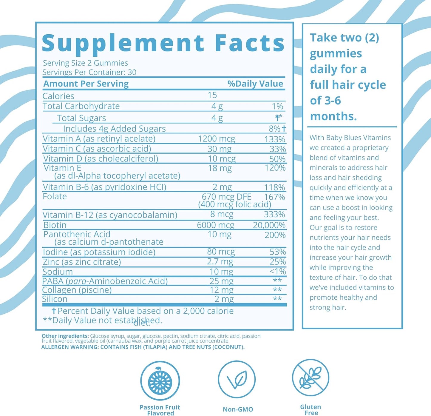 Passion Fruit Gummies for Postpartum Hair Loss with Biotin, Collagen, & Folate - Baby Blues Hair Vitamins