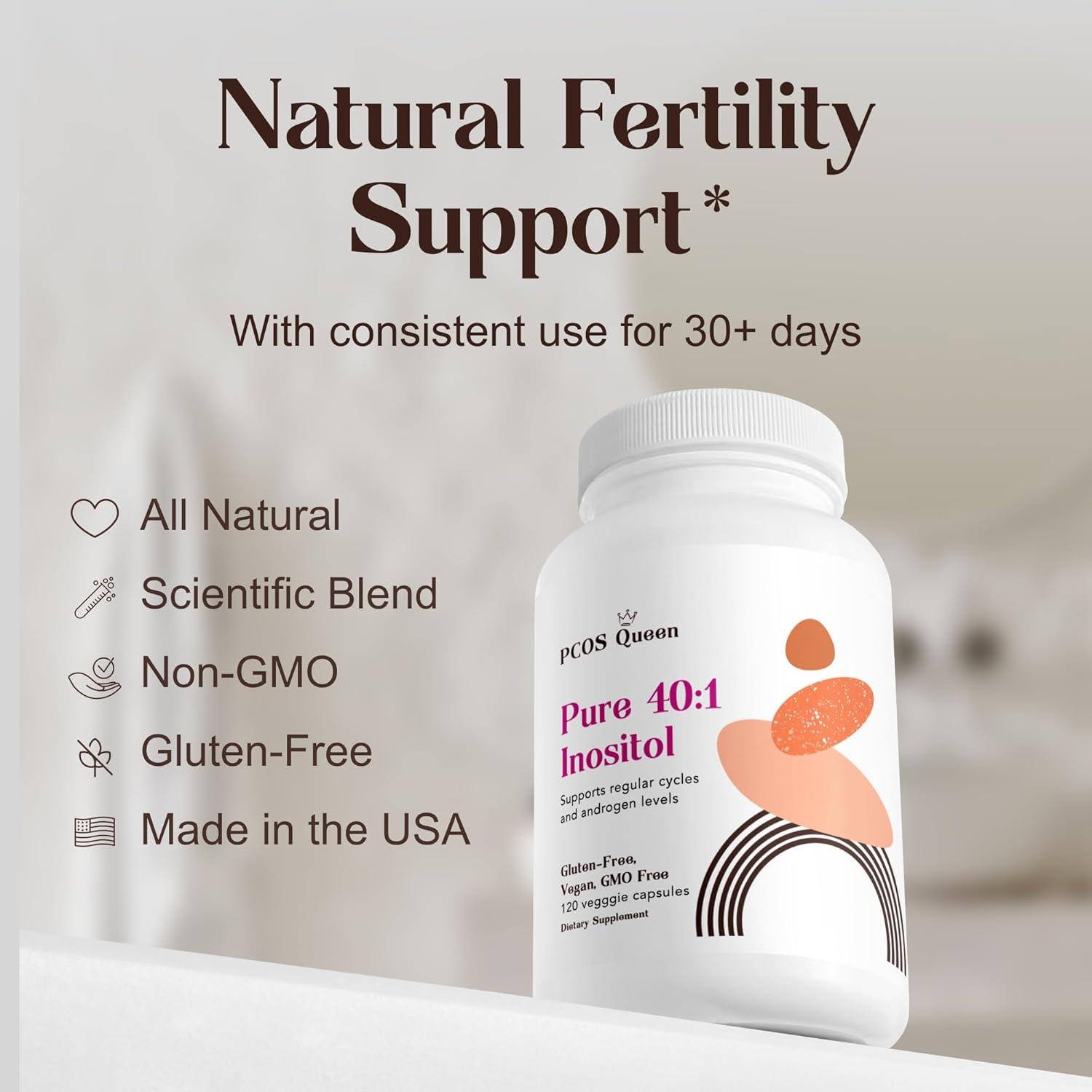 PCOS Queen Pure Inositol Blend - Myo + D-Chiro Inositol Supplement for Women - Fertility, Skin, & Menstrual Support - 6 Bottles