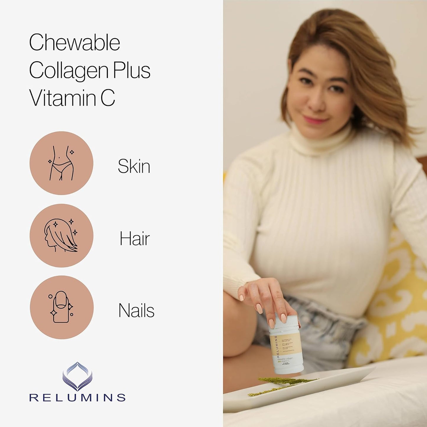 Peach-Flavored Collagen Chewable Tablets with Silk Peptide, Hyaluronic Acid, CoQ10, Vitamin C & E - 60 Count Bottle for Women & Men