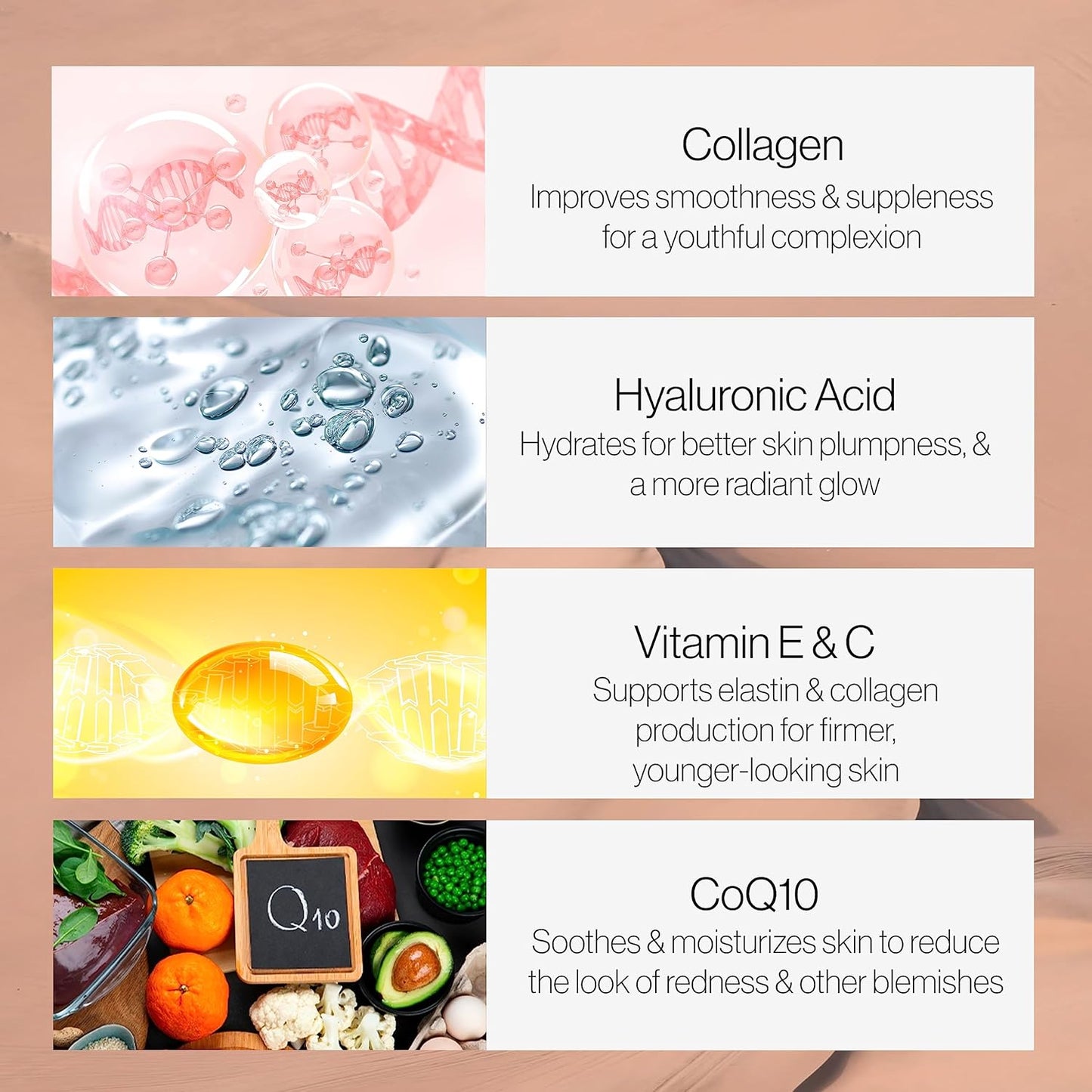 Peach-Flavored Collagen Chewable Tablets with Silk Peptide, Hyaluronic Acid, CoQ10, Vitamin C & E - 60 Count Bottle for Women & Men