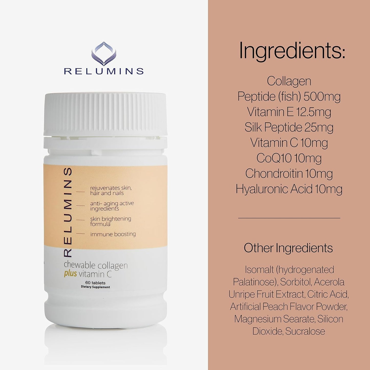 Peach-Flavored Collagen Chewable Tablets with Silk Peptide, Hyaluronic Acid, CoQ10, Vitamin C & E - 60 Count Bottle for Women & Men