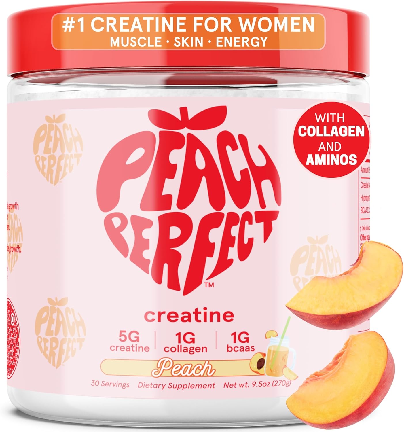 Peach Flavored Glute Builder Creatine for Women with Collagen and BCAAs, 5g Vegan Micronized Creatine per Serving for Energy and Muscle Support - 30 Servings