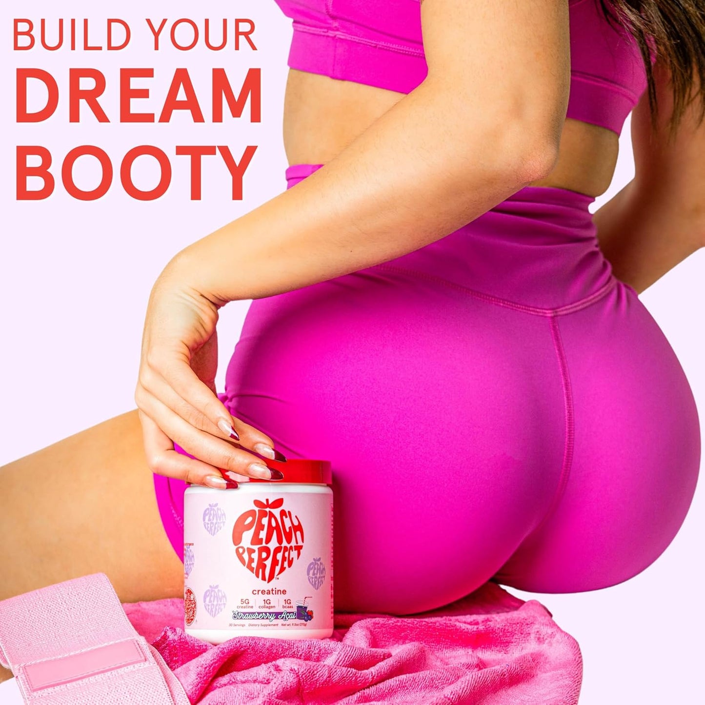 Peach Flavored Glute Builder Creatine for Women with Collagen and BCAAs, 5g Vegan Micronized Creatine per Serving for Energy and Muscle Support - 30 Servings