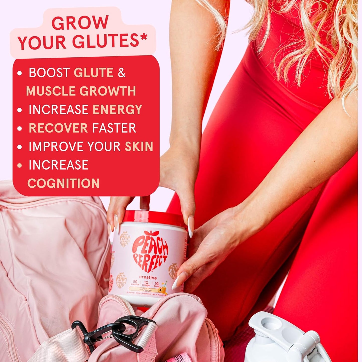 Peach Flavored Glute Builder Creatine for Women with Collagen and BCAAs, 5g Vegan Micronized Creatine per Serving for Energy and Muscle Support - 30 Servings