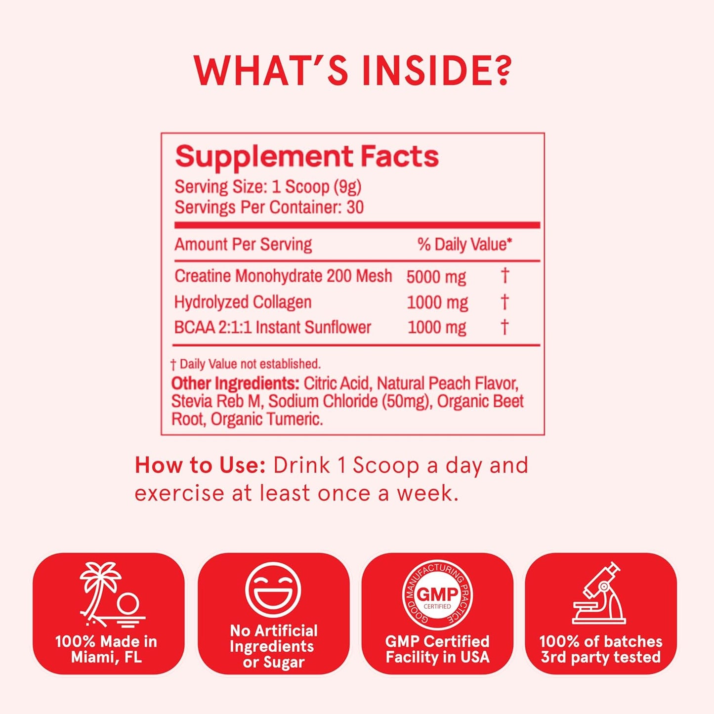 Peach Flavored Glute Builder Creatine for Women with Collagen and BCAAs, 5g Vegan Micronized Creatine per Serving for Energy and Muscle Support - 30 Servings