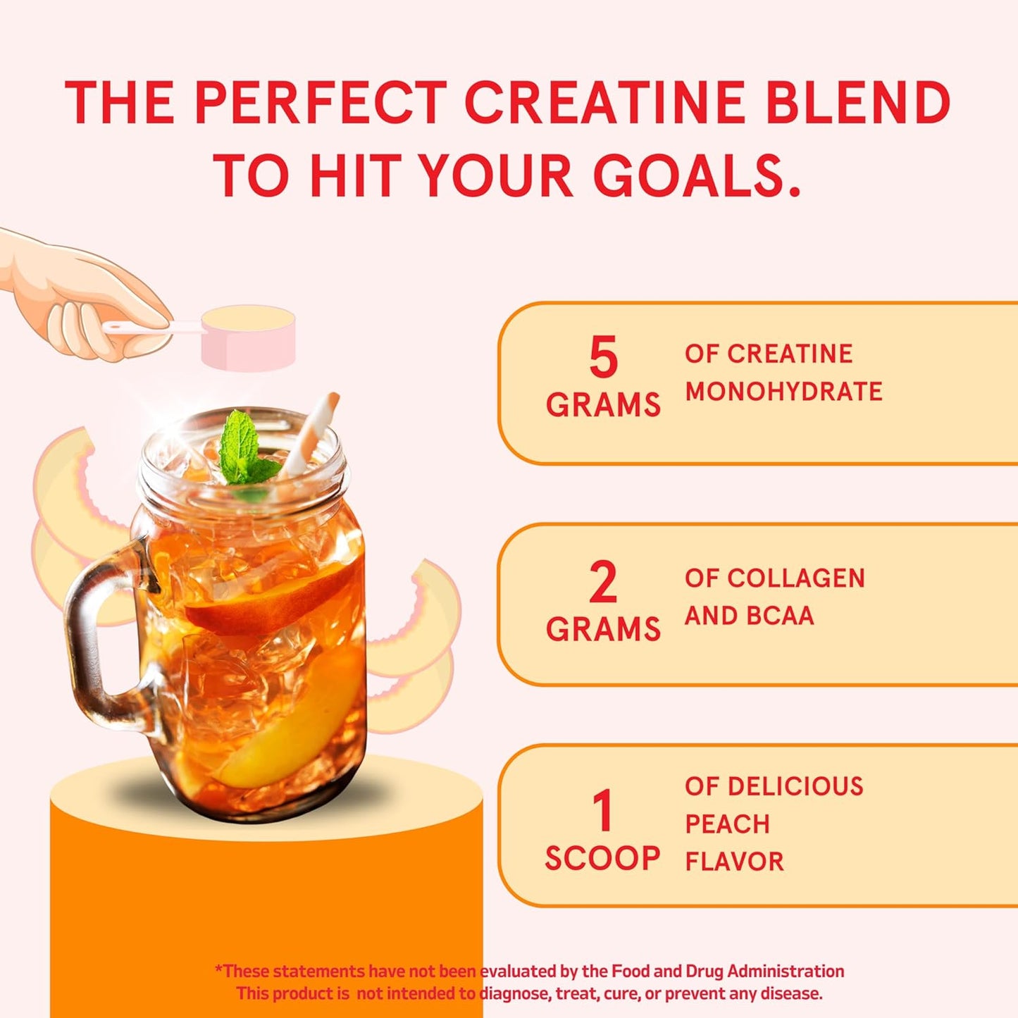 Peach Flavored Glute Builder Creatine for Women with Collagen and BCAAs, 5g Vegan Micronized Creatine per Serving for Energy and Muscle Support - 30 Servings